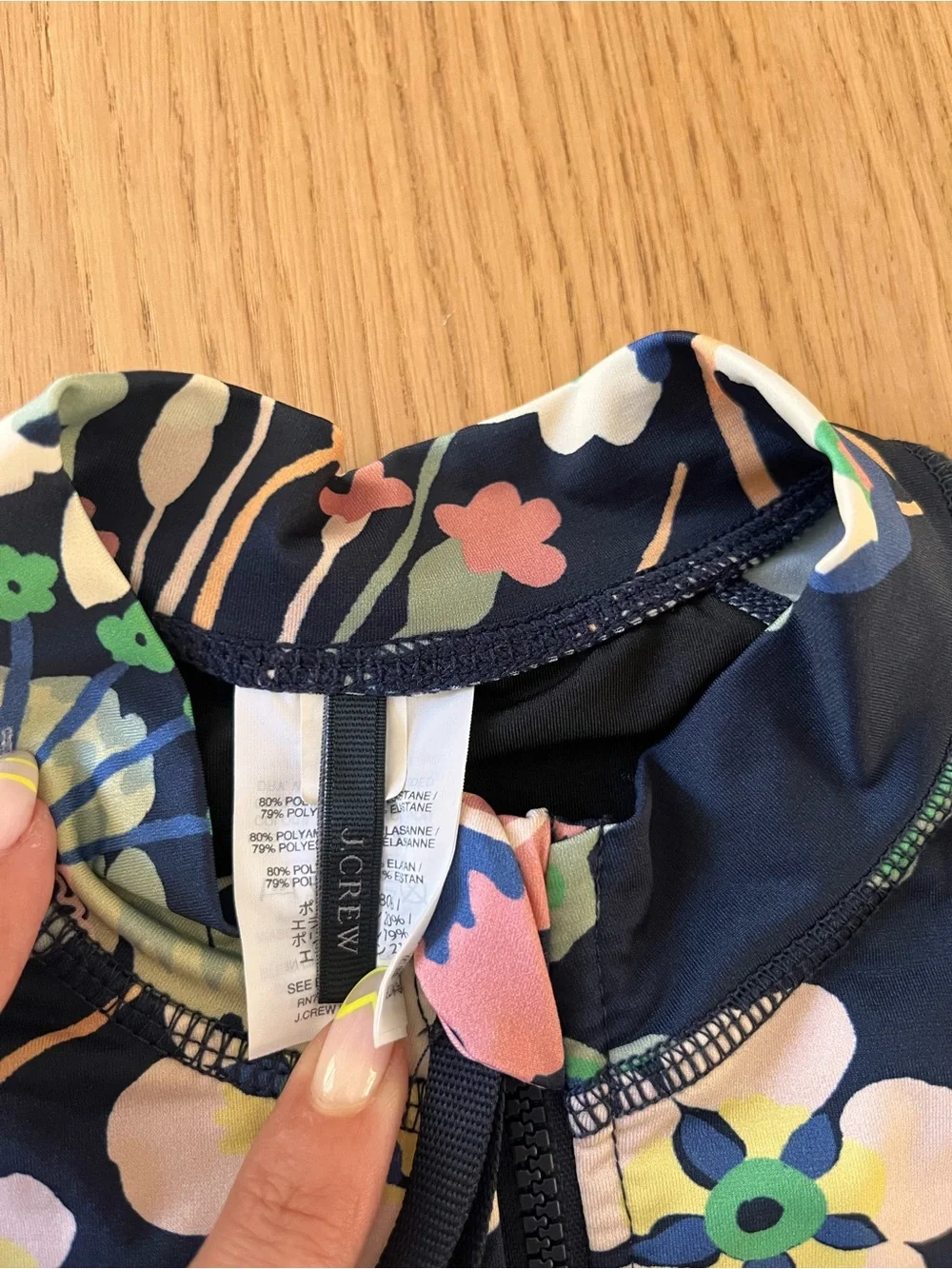 J. Crew Navy Floral Long-Sleeve Zip One-Piece Swimsuit